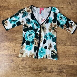 Charlotte Tarantola Emerald Blue Fitted Floral Cardigan with 3/4 Sleeves